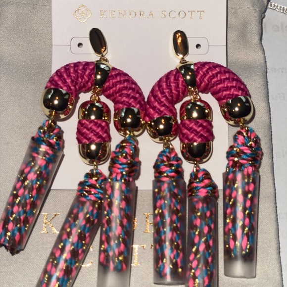 REG $150 GORGEOUS BRAIDED CORD STATEMENT EARRINGS WITH TASSELS - GOLD PINK MIX - Picture 4 of 7